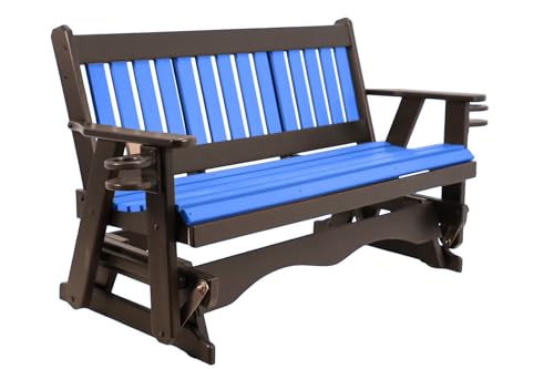 5 FT Blue Amish-Made Porch Glider – 1000 lb Heavy-Duty Poly Lumber wood Mission Bench – USA Crafted HDPE Outdoor Seating Furniture - Stainless Steel Hardware – Smooth, Quiet Glide - CupHolders