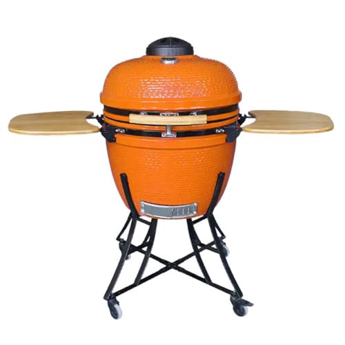 TT-YEL Large Charcoal Grill, Ceramic Grill on Wheels, with Thermometer, Lid, Storage Rack, Can Serve 8-10 People, Freestanding Camping Grill, Portable and Easy to Clean,Orange