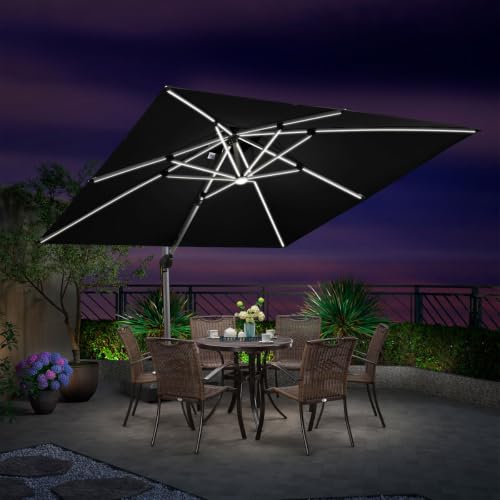 10' x 10' Square Solar Powered LED Lighted Cantilever Umbrella,Black