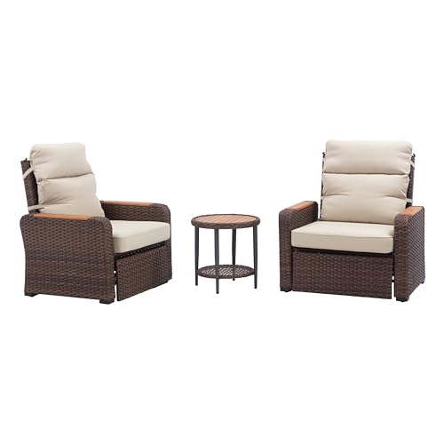 Teamson Home - Outdoor 3 Piece Wicker Recliner Set with Wood Armrests and Cushions, Brow