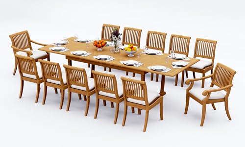 WholesaleTeak 12 Seats 13 Pcs Grade-A Teak Wood Dining Set: 118" Double Extension Mas Rectangle Trestle Leg Table and 12 Arbor Stacking Chairs (2 Arm & 10 Armless Chairs) #11AB2502