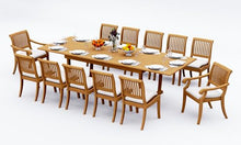 WholesaleTeak 12 Seats 13 Pcs Grade-A Teak Wood Dining Set: 118" Double Extension Mas Rectangle Trestle Leg Table and 12 Arbor Stacking Chairs (2 Arm & 10 Armless Chairs) #11AB2502
