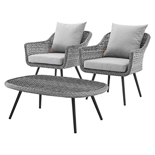 Modern Outdoor Patio Lounge Chair and Coffee Table Set, Aluminum Fabric Wicker Rattan, Grey Gray