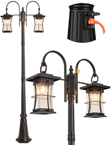 EERU Dusk to Dawn Outdoor Lamp Post Light with Outlet, Electric 2-Head Outdoor Pole Light Farmhouse Street Light Post for Outside Waterproof Black Exterior Pillar Lantern for Garden Patio Driveway