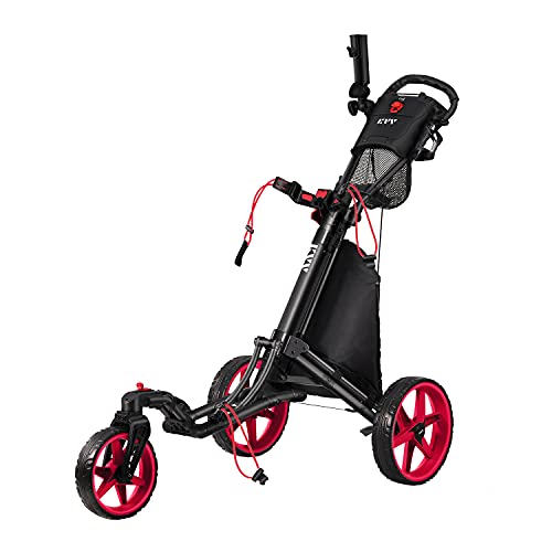 KVV 3 Wheel 360 Rotating Front Wheel Foldable/Collapsible Golf Push Cart Red/Black