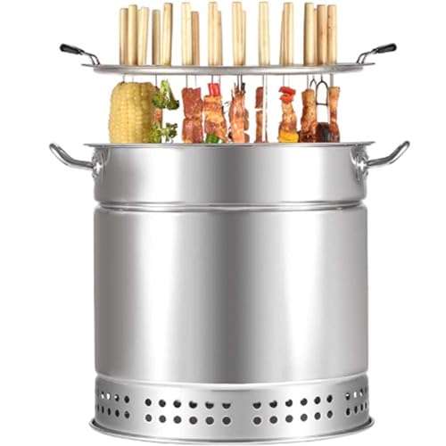 Tiuheyo Smokeless Charcoal Barrel Grill, Stainless Steel Vertical Hanging BBQ Smoker with 360° All-Round Roasting, Oil and Charcoal Separation, Includes 20 Kabob Skewers