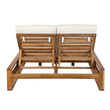 Christopher Knight Home Acacia Wood Outdoor Double Chaise Lounge with Adjustable Backrest Patio Daybed with Thick Cushions for Poolside Backyard Balcony Natural Finish Beige Cushion