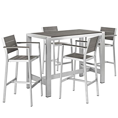 Modway Shore 5-Piece Aluminum Outdoor Patio Pub Bistro Set Silver Gray