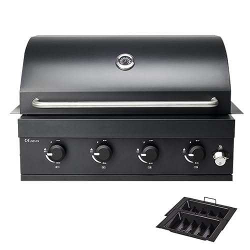 4-Burner Built-In Gas Grill, 30 Inch Super large barbecue area with 48,000 BTUs, Dual Fuel Charcoal & Gas Compatibility,Outdoor Kitchen Temperature Gauge