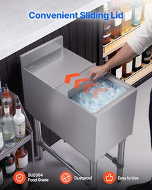 VEVOR Commercial Ice Bin, 39.6 Qt Max Capacity, 12 x 24 x 33 Inch Stainless Steel Ice Chest with Sliding Lid, 24H Long-Lasting Insulation, Cooler Cart Cocktail Unit for Bar Restaurant Pub, NSF