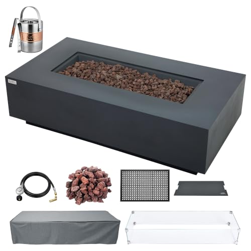 AMS 60" Rectangular Concrete Natural Gas Fire Pit Table Bundle (Dark Gray)
