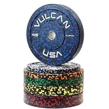 VULCAN 160 lb Alpha Bumper Plate Set Yellow Fleck Green Fleck Grey Fleck
