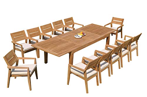 TeakStation 12 Seater Grade-A Teak Wood 13 Pc Dining Set: 122" Caranas Double Extension Rectangle Table and 12 Vellore Stacking Arm Chairs #31VL2913