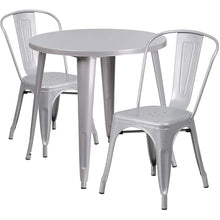 BOWERY HILL 3 Piece 30" Round Metal Patio Dining Set, Silver Powder Coat Finish, Includes Table and 2 Stackable Chairs, Indoor or Outdoor Use, Retro-Modern Style for Commercial or Residential Spaces
