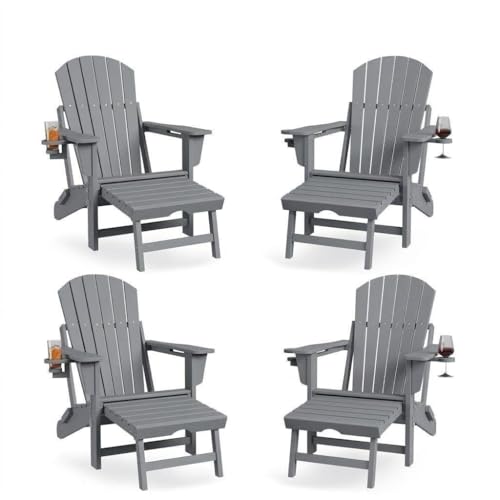 Folding Adirondack Rocking Chair with Retractable Ottoman & Cup Holder, Outdoor HDPE Rocking Chair with Footrest, 380LBS Capacity, All-Weather Portable Patio Rocker for Backyard, Porch, Camping