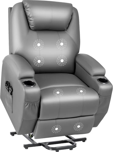 UOPYNE Power Lift Lay Flat Recliner Chair for Elderly with Heat and Massage, Dual Motor Electric Reclining Chair with Side Pocket and Cup Holders for Living Room and Bedroom