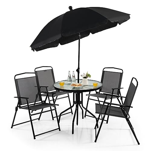 DUYHBAWRS 6 PCS Patio Dining Set Folding Chairs Glass Table Tilt Umbrella Garden