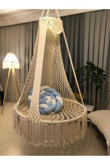 Large Macrame Hammock Swing Chair, Handmade Cotton Rope, 39.4 in Seat, 330.8 lb Capacity, Modern Style, Includes Ceiling Mounts - Ecru