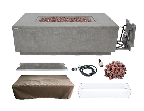Elementi Andes Propane Gas Fire Pit Table Bundle Cast Concrete with Concealed pullout Propane Tank Storage Drawer | Electronic Ignition | Canvas Cover, Lava Rock Included | Light Gray (Propane Gas)