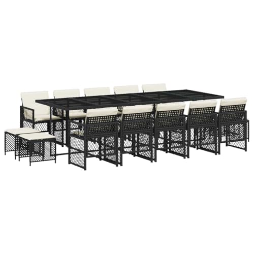 LKJephalotrope 15 Piece Garden Dining Set, Large Outdoor Patio Furniture Set with Black PE Rattan, Tempered Glass Table and Foldable Chairs for Backyard, Balcony and Terrace, Seats 14