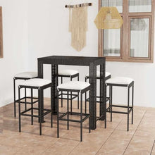 VGLQNRPT 7 Piece Patio Bar Set with Cushions, Outdoor PE Rattan Bar Table and 6 Stools, Weather-Resistant Garden Furniture Set, Black