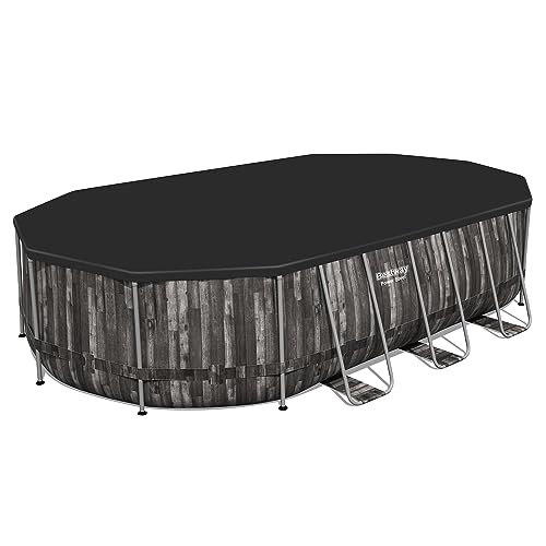 Bestway Power Steel Oval Metal Frame Above Ground Swimming Pool Set Gray Wood Print