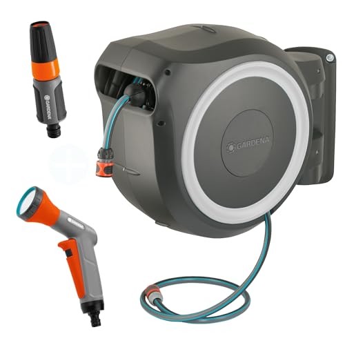 Gardena Wall Hose Box Rollup XL 35 m: Flexible Irrigation for Large Gardens, swiveling Hose Box, incl. 35 m Gardena Quality Hose (18632-60) with Classic Shower (18312-33)