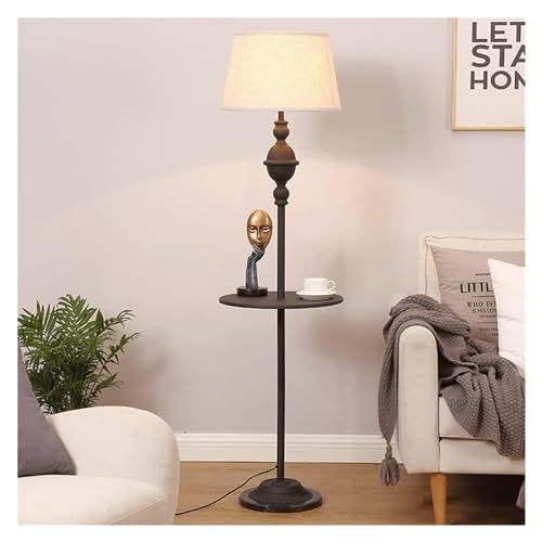 GTEFSWS Vintage Floor Lamp with Shelf and Fabric Drum Shade Matte Black