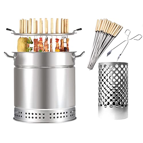 Smokeless Charcoal Smoker Barrel Grill, Vertical Barbeque Hanging Stove, Stainless Steel Split Oven with 50pcs Kabob Skewers, 360° All Round Roasting,Barbecue Grill for Camping (Size : L)