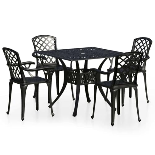 WEHUOSIF 5-Piece Cast Aluminum Outdoor Bistro Set with Round Table and 4 Chairs, Black Patio Dining Set with Umbrella Hole for Shade