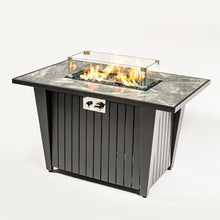 42" Propane Gas Fire Pit Table 50000 BTU Rectangular Outdoor Fire Pit with Marble Tile Tabletop Glass Wind Guard, Steel Patio Fire Table & Lid, Blue Glass Beads & Rain Cover for Backyard Garden, Gray