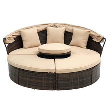 BAIESTWANG Outdoor Rattan Round Daybed with Canopy, Bali Patio Lounge Sofa Bed with Lift Coffee Table, 4-Piece Clamshell Sectional Seating, Removable Washable Cushions Beige