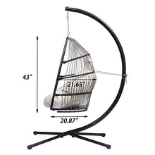Hanging Rope Swing Seat Patio Wicker Folding Hanging Chair with Cushion and Pillow Rattan Swing Hammock Egg Chair with X Type Base and C Type Bracket for Indoor/Outdoor(Black+Beige)