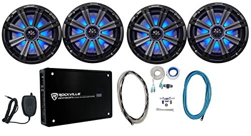 KICKER Waterproof Speakers Bundle with Marine RCA Cable, Amp Wire Kit & Mic White