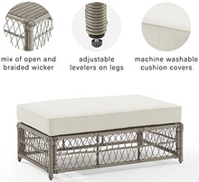 Crosley Furniture Thatcher Wicker Coffee Table and Ottoman Foot Rest for Porch, Deck, Backyard, Driftwood with Creme Cushions