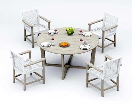 WholesaleTeakFurniture Grade-A Weathered Teak Wood 4 Seater 5 Pc Dining Set: 60" SEMA Round Table and 4 Alsoi Arm Chairs #21AI3504