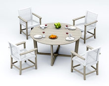 WholesaleTeakFurniture Grade-A Weathered Teak Wood 4 Seater 5 Pc Dining Set: 60" SEMA Round Table and 4 Alsoi Arm Chairs #21AI3504