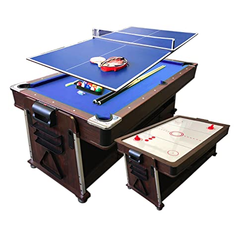 SIMBASHOPPING USA 7FT Multigame Pool Table with Air Hockey, Table Tennis, & Table Top Blue/Brown