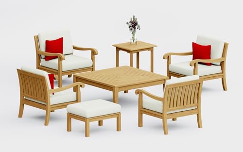 WholesaleTeak Teak Wood 7 Pc Lounge Chair Set: 4 Lounge Chairs, Ottoman, Square Coffee Table & Side Table with Cushions in Outdoor Fabric #5404 Canvas Natural