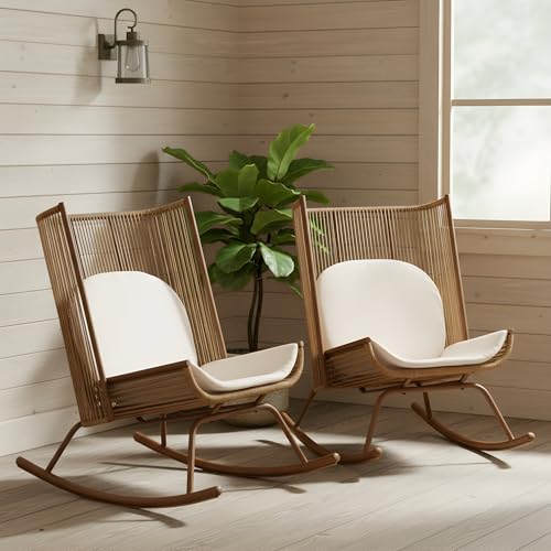 Christopher Knight Home Armont Outdoor Rocking Chair Set of 2, High Back PE Rattan Wicker Rocker with Metal Frame, Rocking Chair with Cushion, Rocker with Ergonomic Design for Patio or Lounge, Brown