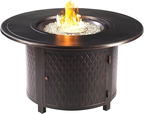 Golden Flame Malibu 44-Inch Round 55,000 BTU Cast Aluminum Natural Gas Fire Pit Table with Fire Bowl Lid, Fire Glass Rocks, Protective Cover & 12-Ft Hose | Outdoor Heater & Patio Table Antique Copper