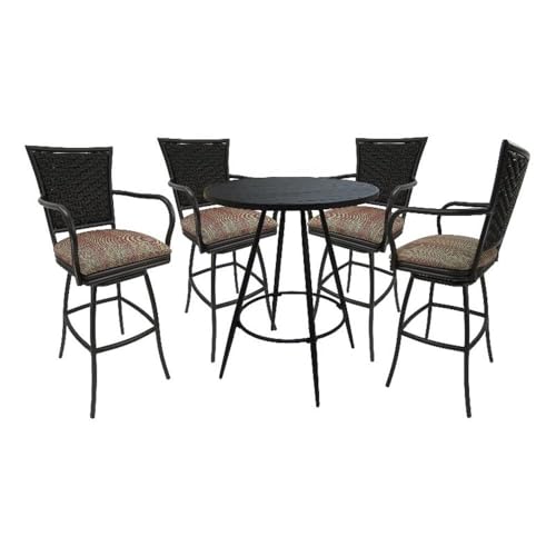 Pemberly Row Outdoor/Indoor Pub Set, 30 in Bar Height Stools with Arms, 36 in Round Black Table, UV Powder-Coated Frame, MultiSunStripe Fabric, Durable, Customizable Patio or Bar Furniture