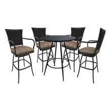 Pemberly Row Outdoor/Indoor Pub Set, 30 in Bar Height Stools with Arms, 36 in Round Black Table, UV Powder-Coated Frame, MultiSunStripe Fabric, Durable, Customizable Patio or Bar Furniture