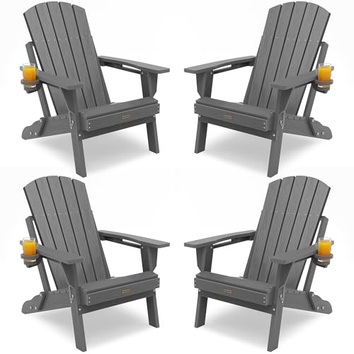 POWERWOOD Adirondack Chair with Cup Holder: Adirondack Chairs set of 4 Plastic HDPE Material Furniture - Composite Fire Pit Chairs Foldable for Outdoor/Backyard/Garden/Lawn/Deck/Porch/Patio