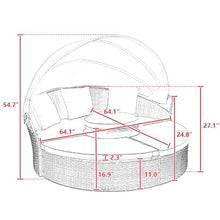 BAIESTWANG Outdoor Rattan Round Daybed with Canopy, Bali Patio Lounge Sofa Bed with Lift Coffee Table, 4-Piece Clamshell Sectional Seating, Removable Washable Cushions Beige