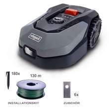 Scheppach RoboCut XL600 robotic lawnmower up to 600 m² | 18 cm cutting width | 20-60 mm cutting height | rain sensor | WiFi & BT | app controlled | 35% slope | with station, 9 blades, 130 m cable and