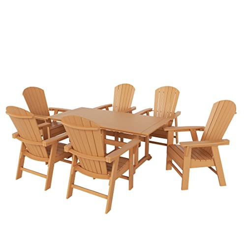 WO Outdoor Adirondack Dining Chair Table 7 PCS Set Retro Aesthetic Furniture for Outside Restaurant Dining, Home, Balcony, Terrace, Lawn, Pool, Deck, Garden (Teak)