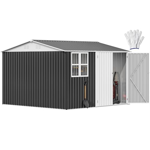 DWVO 10' x 10' Outdoor Storage Shed, Waterproof Metal Garden Shed with Windows, Lockable Doors, and Sloped Roof for Patio, Backyard, Lawn, Tool Storage, Bike Shed, Pet Shelter (Gray + White)