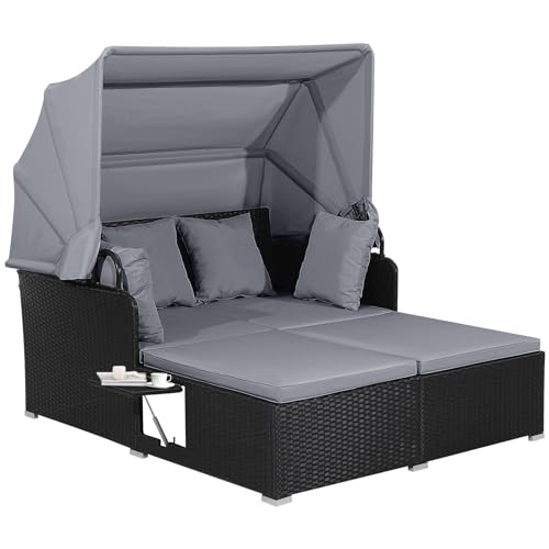 Salches Outdoor Rattan Daybed with Retractable Canopy, High-Resilient Soft Cushions, Foldable Side Trays, Outdoor Bed Loveseat for Garden, Backyard, Porch (Gray)