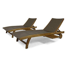 Great Deal Furniture Kimberley Outdoor Wicker and Wood Chaise Lounge with Pull-Out Tray, Set of 2, Brown, Teak Finish, (307671)